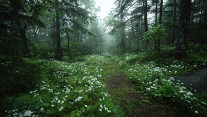 Obraz premium Serene Forest Path Lined With White Wildflowers Creating A Tranquil Scene