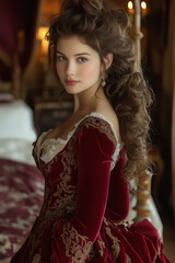Elegant woman in a luxurious red velvet gown with intricate gold embroidery, styled in a historical manner