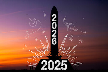 New year 2026 rocket launch for future success and business growth, silhouette with hand-drawn elements