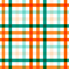A seamless graphic pattern featuring intersecting lines forming a vibrant orange, teal, and green plaid or tartan design. 