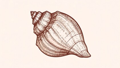 Line-art illustration of a spiral marine shell, showcasing the intricate structure. The artwork uses textured shading on a warm beige background