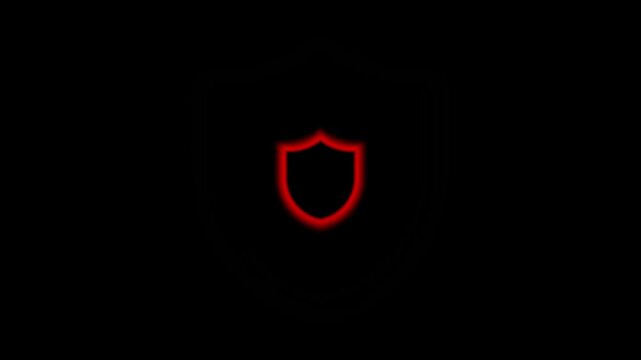 Glowing red shield icon pulsating on black background with soft neon effect animation