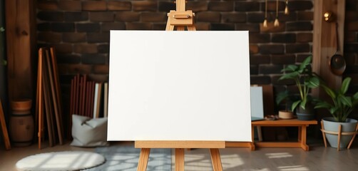 Clean, blank white canvas on easel, ready for painting, sketch, photography