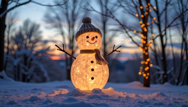 A magical snowman glowing in winter twilight.