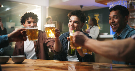 Smile, friends and toast with alcohol at bar for reunion, connection and weekend break. Group, people and cheers with beer for social gathering, happy hour and bonding together for celebration event