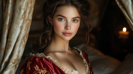 Elegant woman in historical red velvet dress with gold embroidery, soft lighting