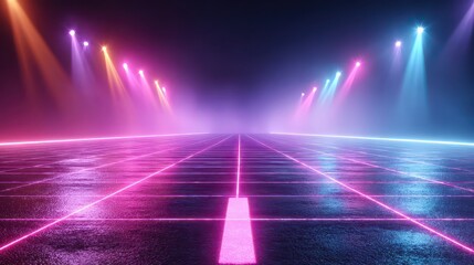 Abstract Illuminated Neon Grid with Orange and Cyan Spotlights Casting Shadows on Wet Reflective Surface for Futuristic Vibe and High Tech Background