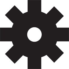 Black silhouette of an eight-toothed gear icon with a white circular center, symbolizing settings, mechanics, or industrial processes.
