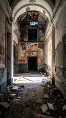 Long, arched hallway with peeling paint and visible debris on the floor of an abandoned building, leading to a dark doorway