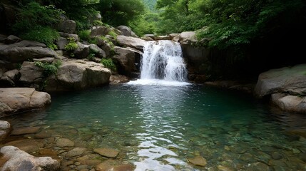 A scenic waterfall cascades into a clear tranquil turquoise pool surrounded by lush greenery and rocks