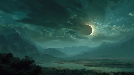 Celestial Eclipse in Valley: A dramatic celestial event unfolds, casting an ethereal glow over the serene valley landscape.