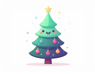 Cute Cartoon Christmas Tree with Smiling Face and Colorful Ornaments