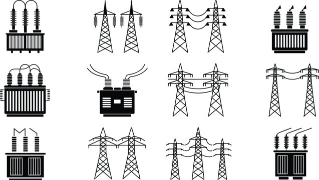 Collection of Black and White Icons Representing Electrical Transformers and Power Line Towers energy