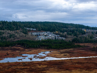 Cozy Mountain Suburb Nestled Among Forests Overlooking Wetland Marsh in British Columbia Near Distant Hills