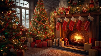 Cozy christmas living room with decorated tree and fireplace