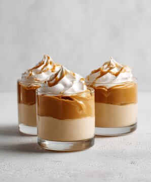 Tres postres en capas con crema batida y caramelo, presentados sobre un fondo neutro.