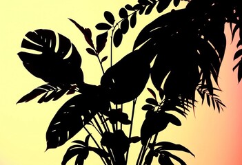 Dark silhouettes of various tropical leaves against a bright background,   black leaves, tropical leaves