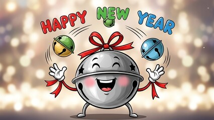 A smiling bell with a red bow juggles smaller bells under festive lights to celebrate the new year