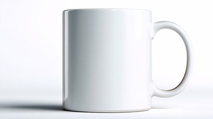 Plain white ceramic coffee mug, handle visible, set against a bright, clean, simple white backdrop
