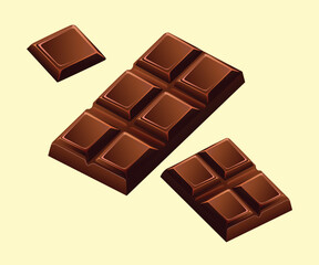 Chocolate 3d realistic vector illustration. Close up of chocolate pieces.