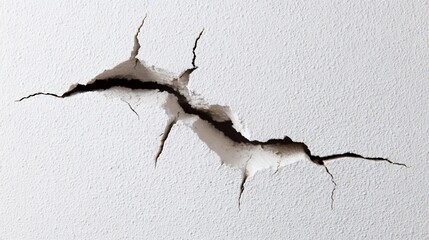 Close-up of a damaged white wall with a large crack showing the interior