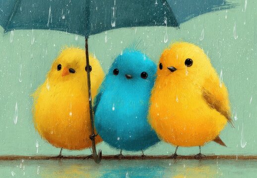 Tres pajaritos bajo la lluvia, buscando refugio bajo un paraguas.