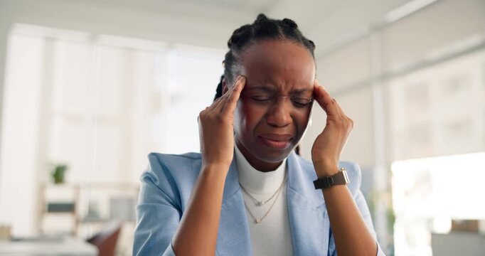 Frustrated, black woman or headache with stress for deadline, mistake or fatigue in office. Tired, female person or pain with migraine or sore head for mental health, burnout or pressure in workplace