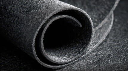 Textured Black Glitter Material Rolled Up Close Up Detailed View In Dark Background Highlighting Sparkle And Abstract Nature Of The Fabric With Soft Lighting