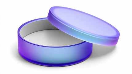 Open round container with gradient blue and purple hues, lid slightly tilted, on white