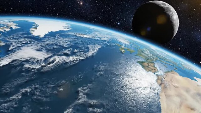 Earth and moon in space planetary view with sunlight