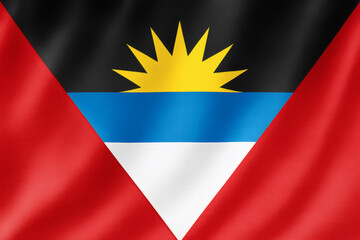 Realistic Antigua and Barbuda Flag with Rising Sun and Triangular Design on Waving Fabric