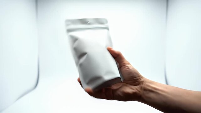 Person holding a blank white stand up pouch with resealable zipper against a bright white studio background for product mockup display