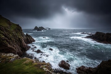 Fototapeta premium Dramatic Seascape with Dark Overcast Sky and Crashing Waves Against Rocky Shoreline on Stormy Day