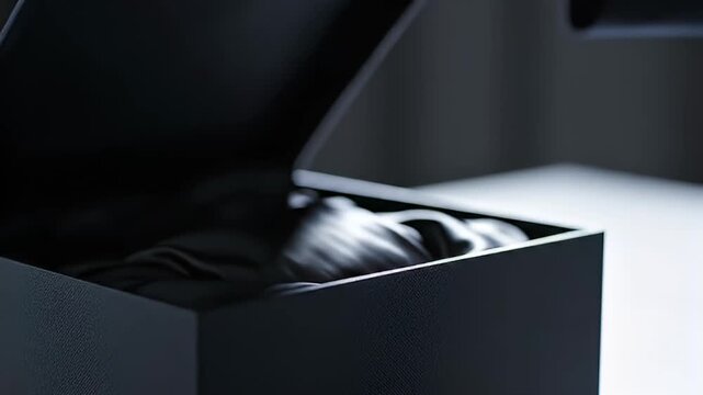 Close up of a formally dressed hand carefully opening a sleek black presentation box revealing luxurious dark satin lining inside a dramatic setting