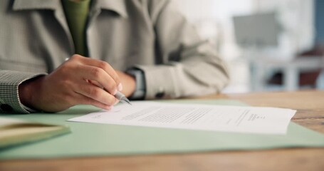 Signature, documents and agreement with hands of person for title deed, inheritance and asset management. Notary contract, terms and condition and estate paperwork with employee for legal information - Powered by Adobe