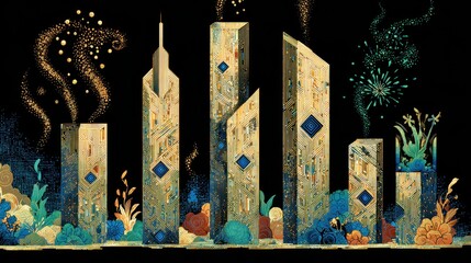 Abstract Cityscape with Golden Skyscraper Silhouettes on Black Background with Geometric Accents and Ornamental Light Effect