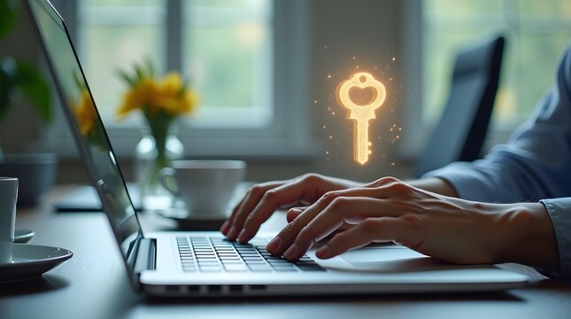 Close-up realistic high-quality photo of a person typing on a laptop with a glowing key icon symbolizing access and security in technology