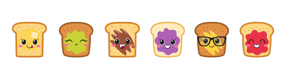Cute toast, fun character cartoon, set toasts with topping, butter, avocado, jam, chocolate spread, sliced bread, big eyes, happy smiling face, kawaii style, breakfast symbol, vector illustration.