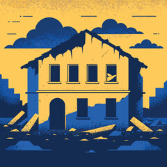 A destroyed family home iwith a broken roof and debris&mdash;a scene of urban destruction for news reports on the horror of the situation.