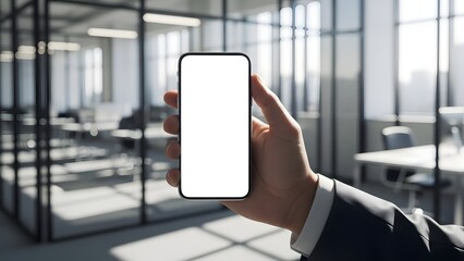 Close-up of a businessman's hand holding a smartphone with a blank white screen in a modern office environment.