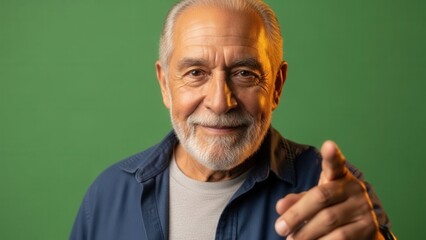Portrait of a cheerful senior man with a friendly expression pointing at the camera against a