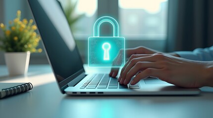 Hands typing on a laptop keyboard, with a glowing digital padlock icon representing robust cybersecurity and data protection for online privacy in the modern digital era