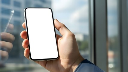 A person's hand holding a modern smartphone with a blank white screen in front of a blurred office window.
