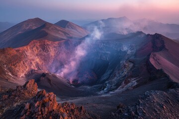 Aerial View of an Active Volcano Crater with Lava and Smoke at Sunset, Dramatic Lighting, Black Rocky Landscape, Natural Phenomena, Volcanic Activity in Remote Location