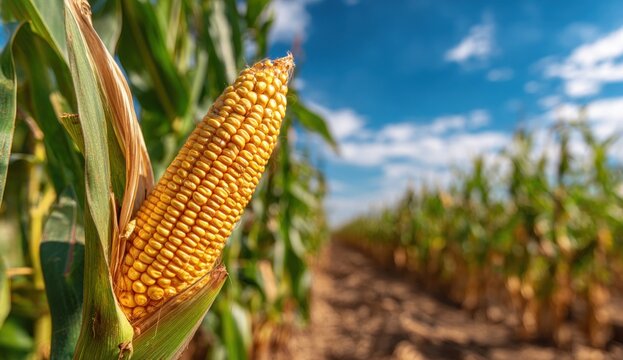 Ripe corn on the cob growing in a sunny field.