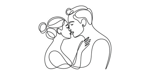Continuous line drawing of romantic kiss Vector, illustration