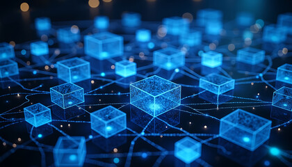 Obraz premium Futuristic Blue Blockchain Network with Connected Data Blocks