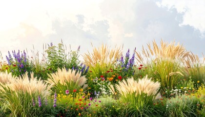 Vibrant Summer Meadow with Colorful Wildflowers and Ornamental Grasses