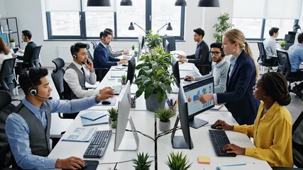 Modern office workplace busy employees working at computers - Powered by Adobe