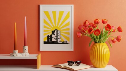 Vibrant home decor featuring orange tulips, artistic print, and colorful candles